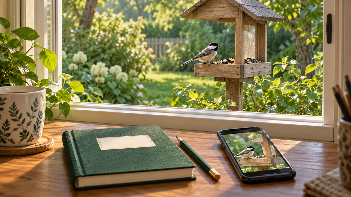 Forest-green notebook and phone by a window overlooking a bird feeder with a chickadee