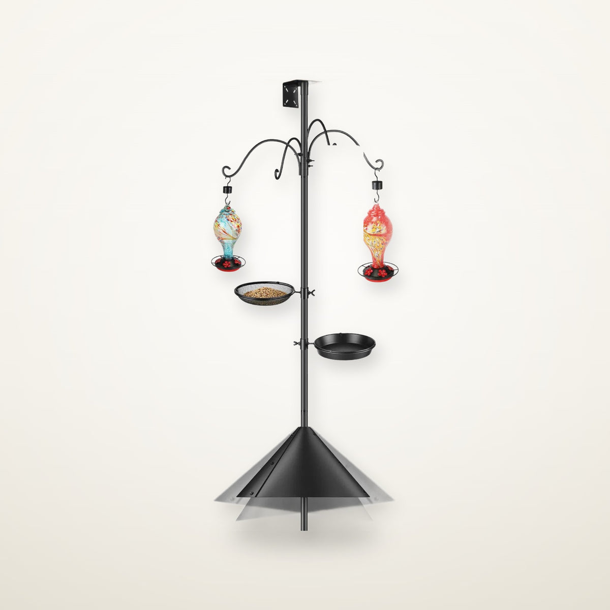 Basecamp 94-inch bird feeding station with hummingbird feeders, mesh tray, water dish and squirrel baffle