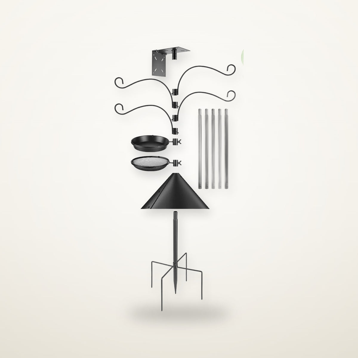 Basecamp feeding station parts: hooks, trays, pole sections, baffle and ground stake