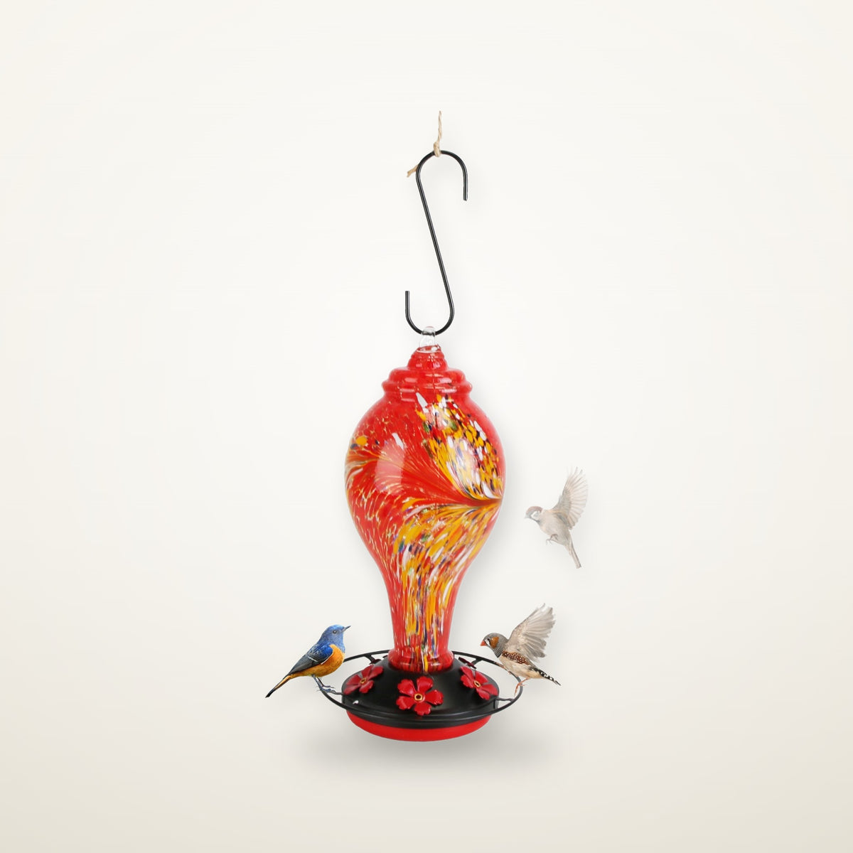 Bloom hand-blown glass hummingbird feeder in red with hummingbirds
