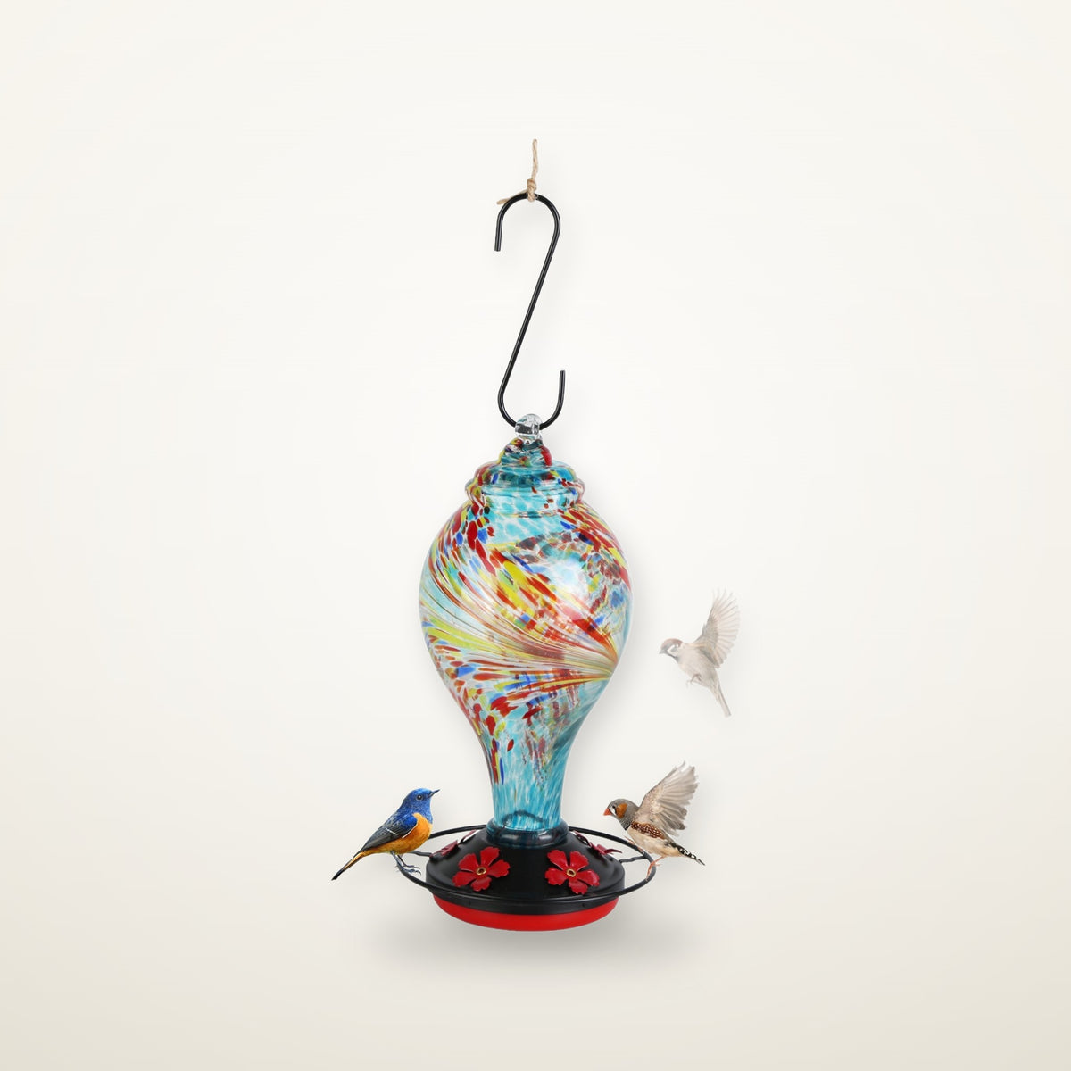 Bloom hand-blown glass hummingbird feeder in blue with hummingbirds