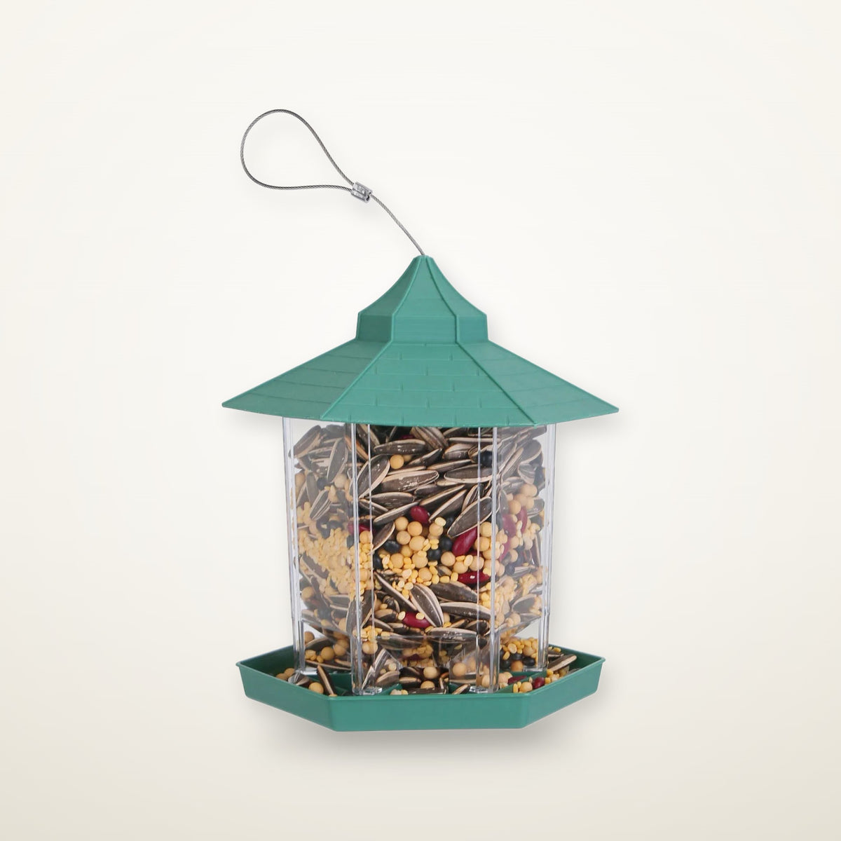 Gazebo 6-port hanging bird feeding station filled with seed